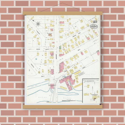 Old map wall art mockup — magnetic wood frame on brick wall — Sanborn Fire Insurance Map from Ann Arbor, Washtenaw County, Michigan (1908), Sheet #0025