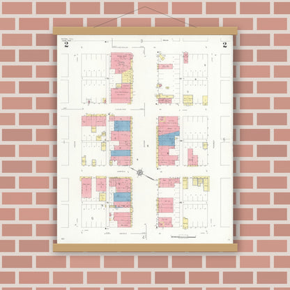 Old map wall art mockup — magnetic wood frame on brick wall — Sanborn Fire Insurance Map from Rotan, Fisher County, Texas (1933), Sheet #0002