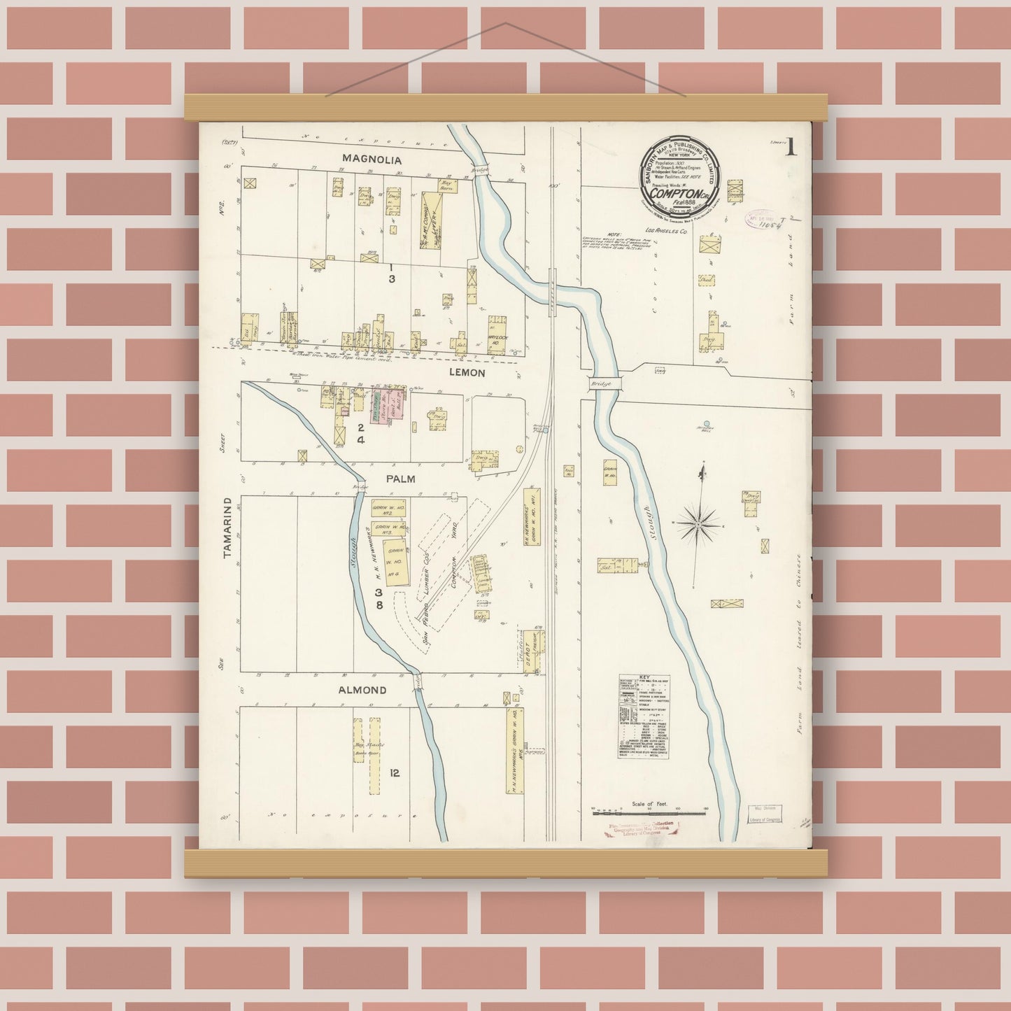 Old map wall art mockup — magnetic wood frame on brick wall — Sanborn Fire Insurance Map from Compton, Los Angeles County, California (1888) - Complete Map Set