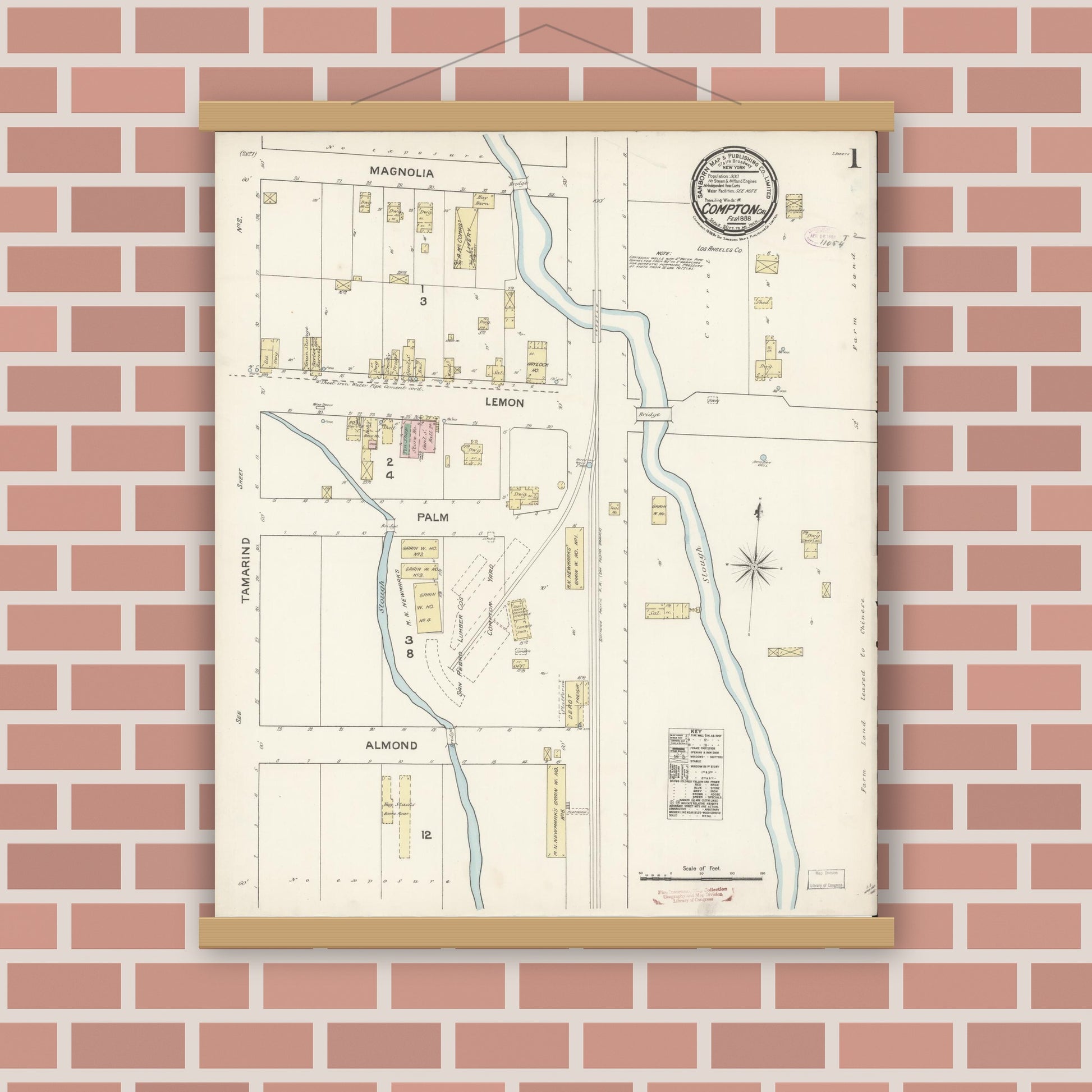 Old map wall art mockup — magnetic wood frame on brick wall — Sanborn Fire Insurance Map from Compton, Los Angeles County, California (1888) - Complete Map Set