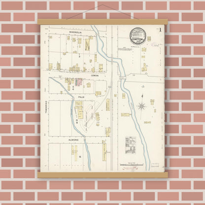 Old map wall art mockup — magnetic wood frame on brick wall — Sanborn Fire Insurance Map from Compton, Los Angeles County, California (1888) - Complete Map Set