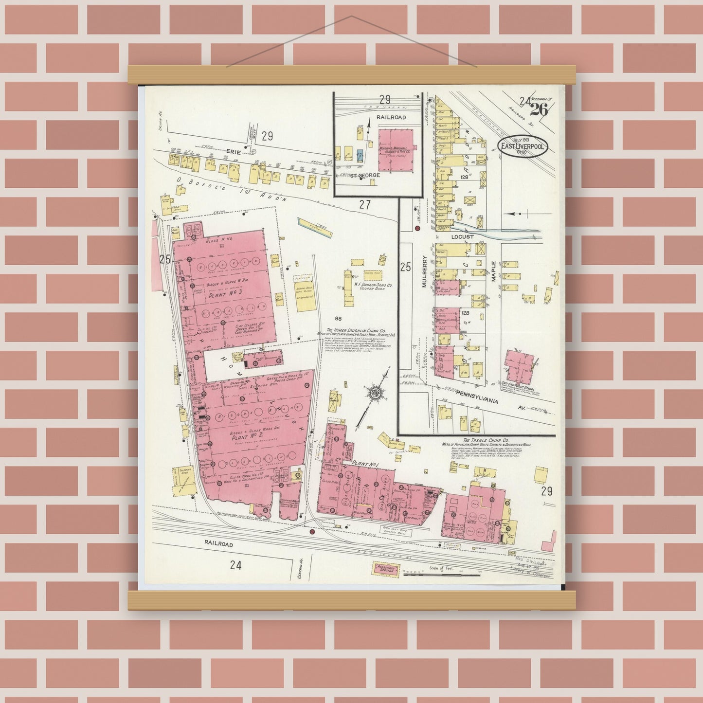 Old map wall art mockup — magnetic wood frame on brick wall — Sanborn Fire Insurance Map from East Liverpool, Columbiana County, Ohio (1913), Sheet #0026
