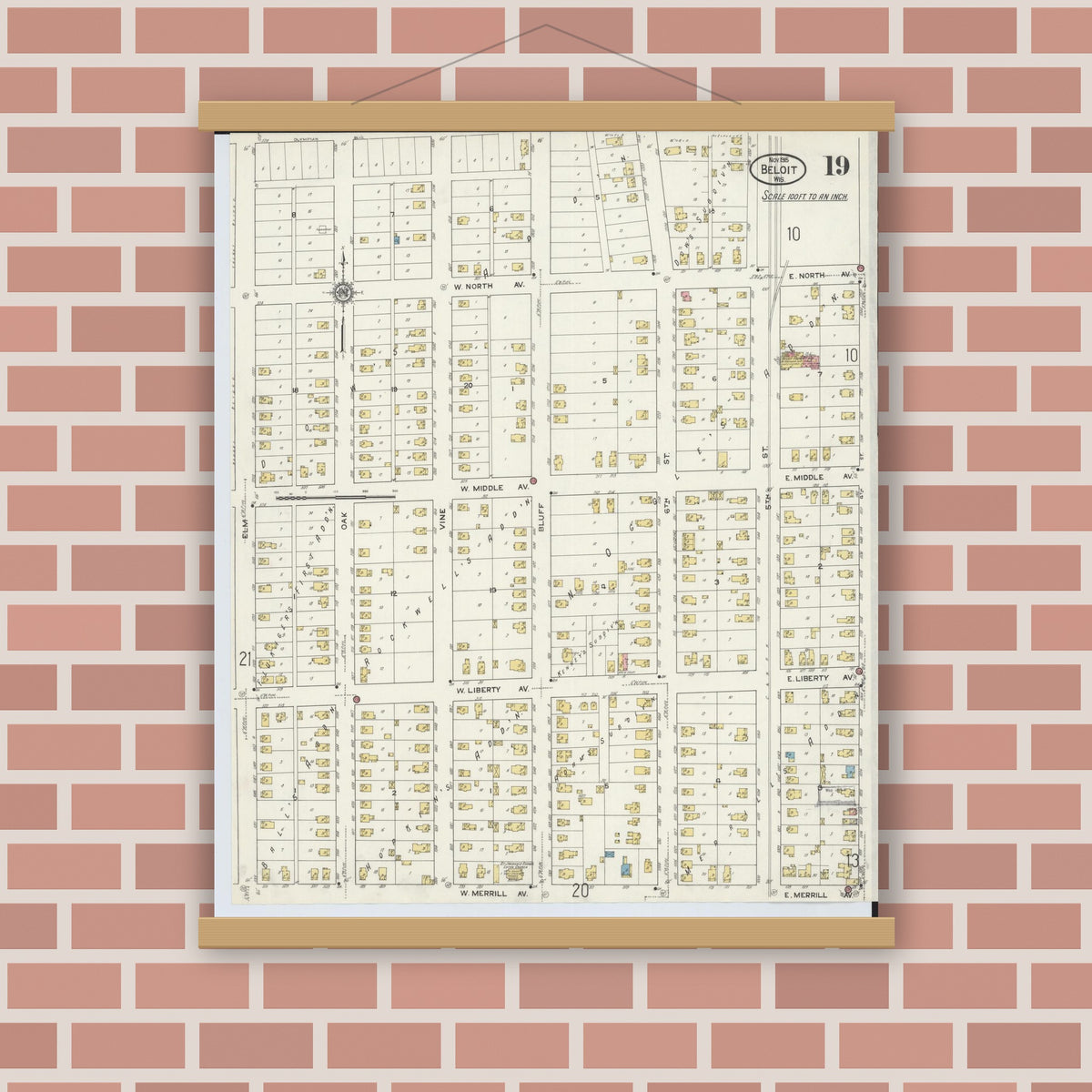 Old map wall art mockup — magnetic wood frame on brick wall — Sanborn Fire Insurance Map from Beloit, Rock County, Wisconsin (1915), Sheet #0019