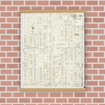 Old map wall art mockup — magnetic wood frame on brick wall — Sanborn Fire Insurance Map from Beloit, Rock County, Wisconsin (1915), Sheet #0019