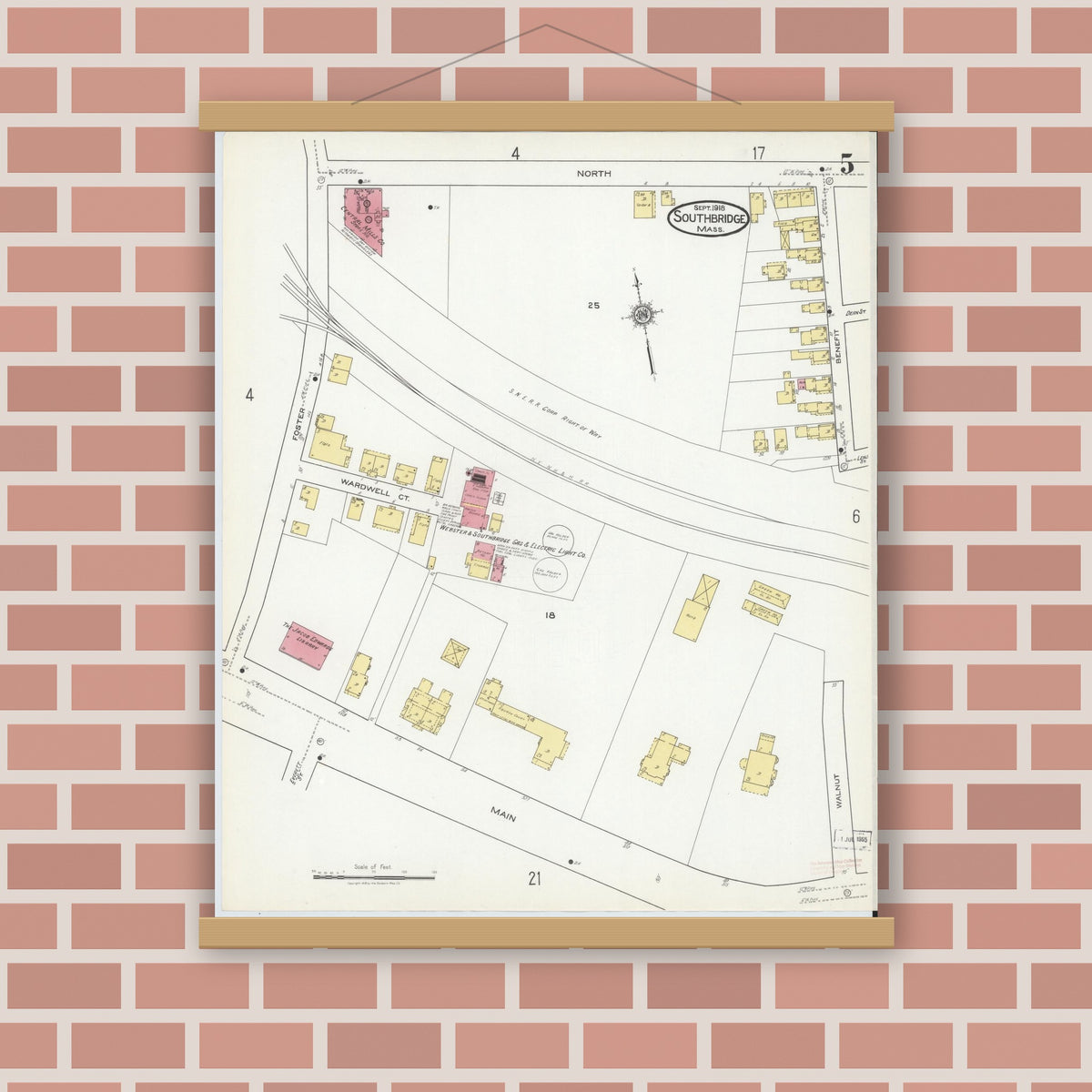 Old map wall art mockup — magnetic wood frame on brick wall — Sanborn Fire Insurance Map from Southbridge, Worcester County, Massachusetts (1918), Sheet #0005