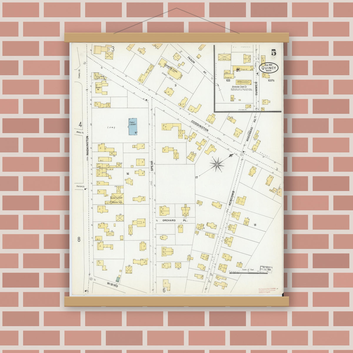 Old map wall art mockup — magnetic wood frame on brick wall — Sanborn Fire Insurance Map from Quincy, Norfolk County, Massachusetts (1901), Sheet #0005