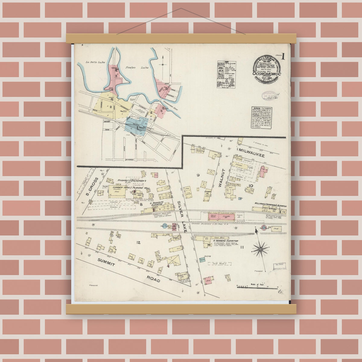 Old map wall art mockup — magnetic wood frame on brick wall — Sanborn Fire Insurance Map from Oconomowoc, Waukesha County, Wisconsin (1884), Sheet #0001