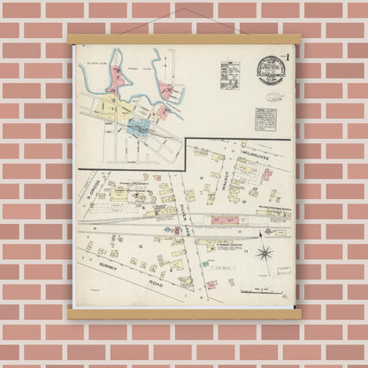Old map wall art mockup — magnetic wood frame on brick wall — Sanborn Fire Insurance Map from Oconomowoc, Waukesha County, Wisconsin (1884), Sheet #0001