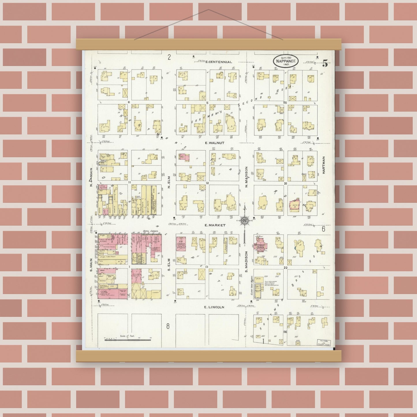 Old map wall art mockup — magnetic wood frame on brick wall — Sanborn Fire Insurance Map from Nappanee, Elkhart County, Indiana (1910), Sheet #0005