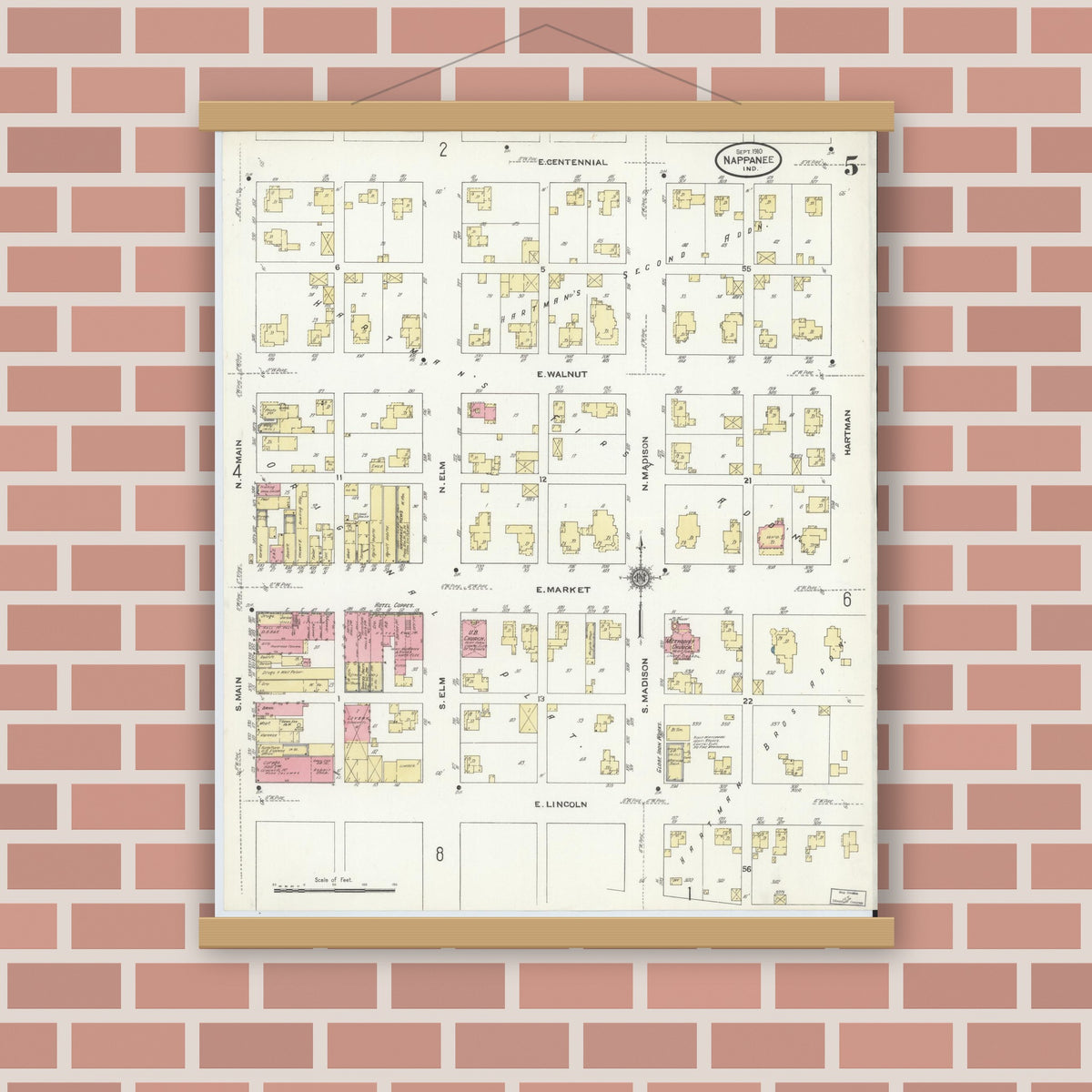 Old map wall art mockup — magnetic wood frame on brick wall — Sanborn Fire Insurance Map from Nappanee, Elkhart County, Indiana (1910), Sheet #0005