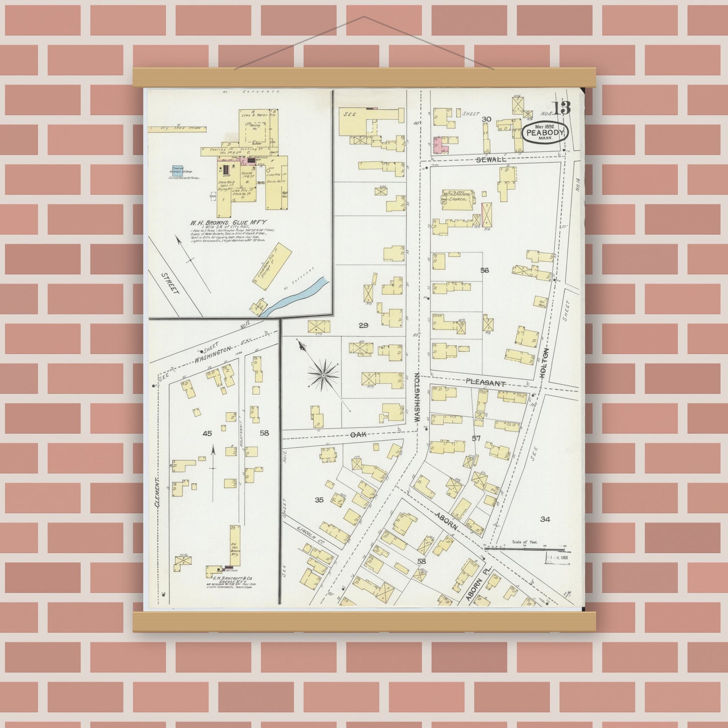 Old map wall art mockup — magnetic wood frame on brick wall — Sanborn Fire Insurance Map from Peabody, Essex County, Massachusetts (1892), Sheet #0013