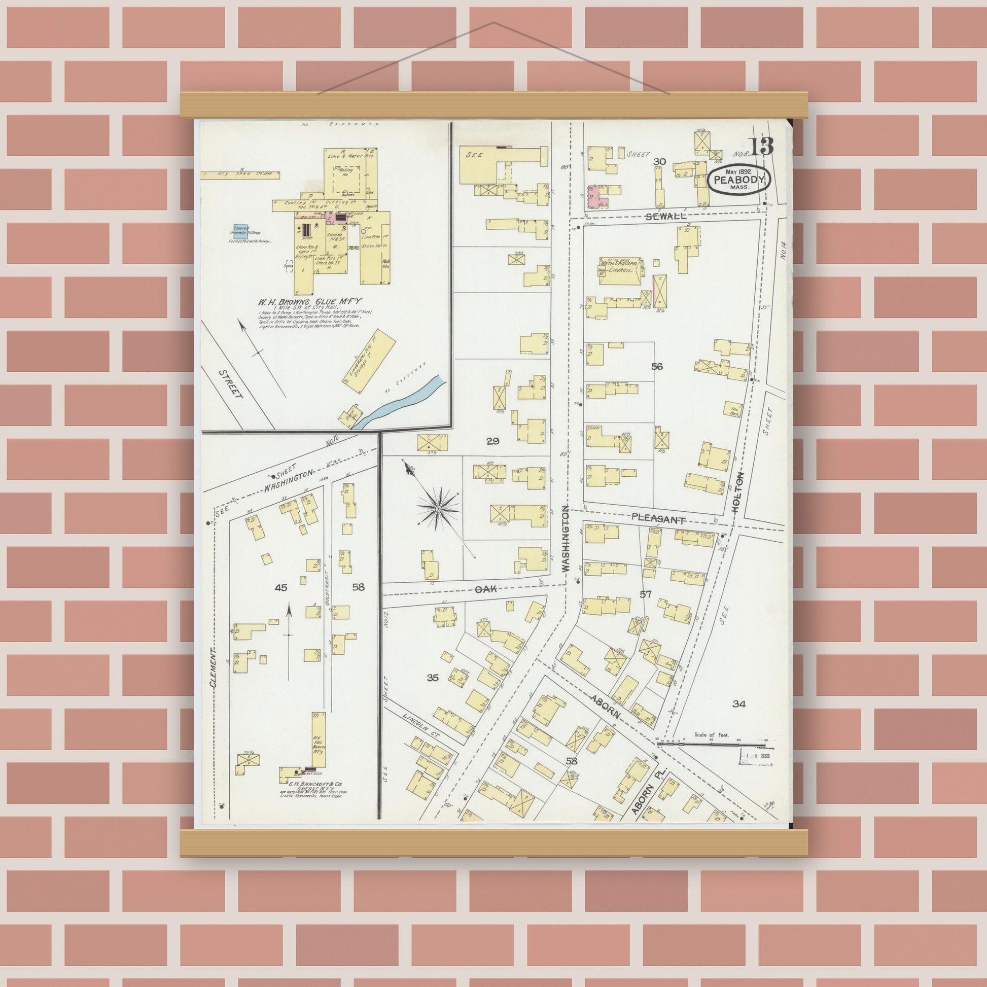 Old map wall art mockup — magnetic wood frame on brick wall — Sanborn Fire Insurance Map from Peabody, Essex County, Massachusetts (1892), Sheet #0013