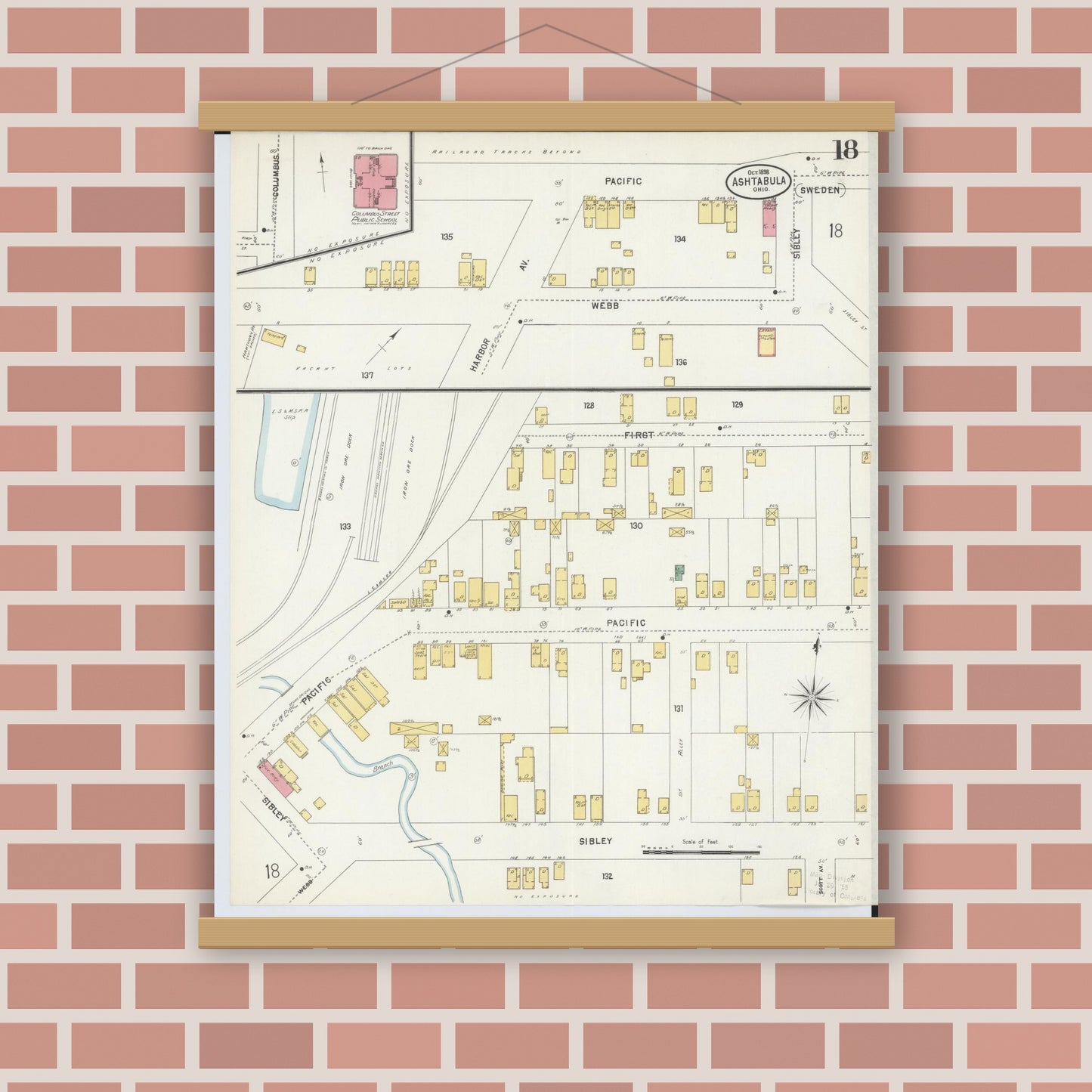 Old map wall art mockup — magnetic wood frame on brick wall — Sanborn Fire Insurance Map from Ashtabula, Ashtabula County, Ohio (1898), Sheet #0018