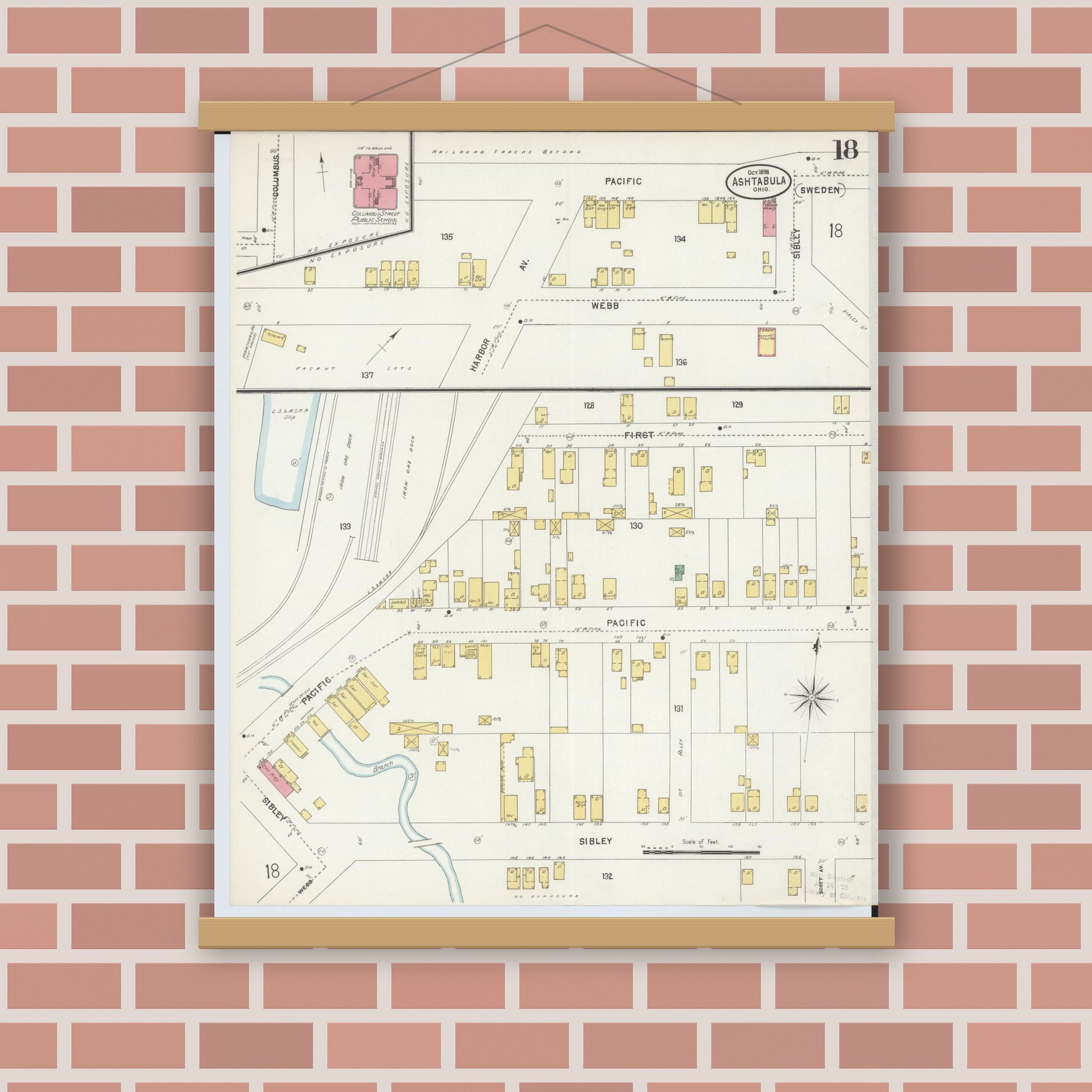 Old map wall art mockup — magnetic wood frame on brick wall — Sanborn Fire Insurance Map from Ashtabula, Ashtabula County, Ohio (1898), Sheet #0018
