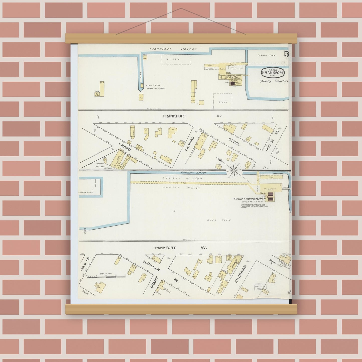 Old map wall art mockup — magnetic wood frame on brick wall — Sanborn Fire Insurance Map from Frankfort, Benzie County, Michigan (1893), Sheet #0005
