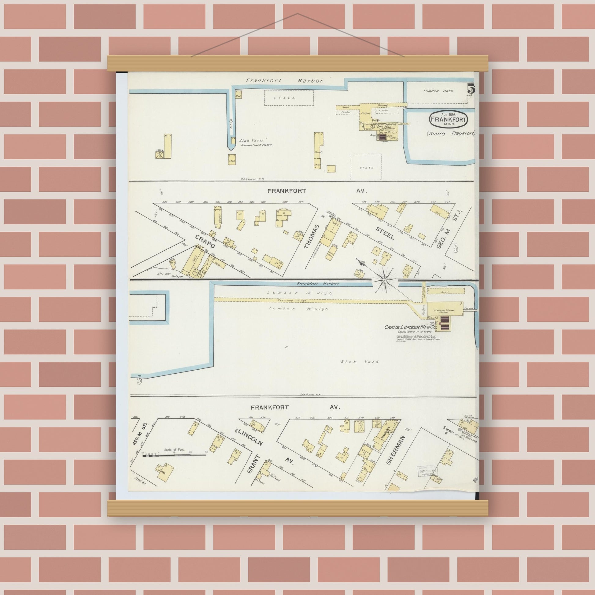 Old map wall art mockup — magnetic wood frame on brick wall — Sanborn Fire Insurance Map from Frankfort, Benzie County, Michigan (1893), Sheet #0005