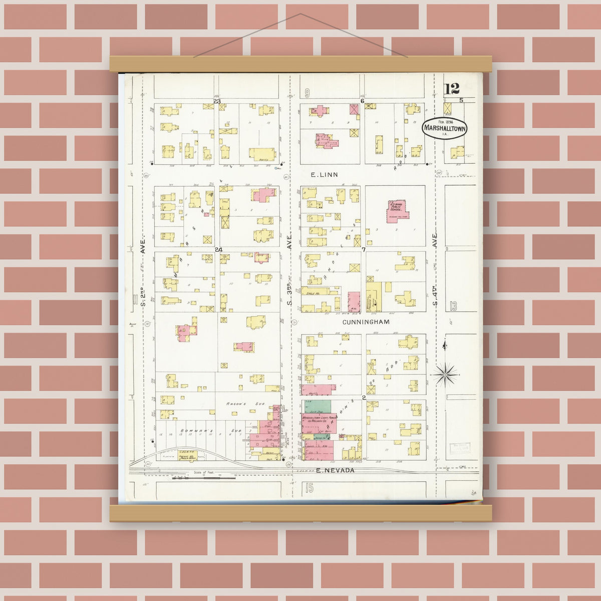 Old map wall art mockup — magnetic wood frame on brick wall — Sanborn Fire Insurance Map from Marshalltown, Marshall County, Iowa (1894), Sheet #0012