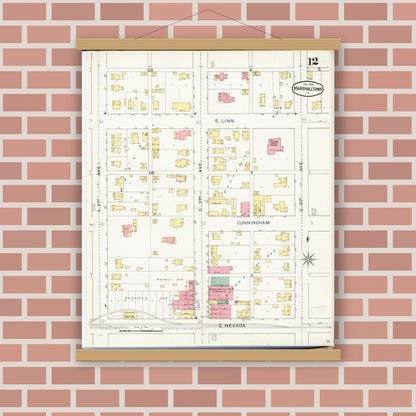 Old map wall art mockup — magnetic wood frame on brick wall — Sanborn Fire Insurance Map from Marshalltown, Marshall County, Iowa (1894), Sheet #0012