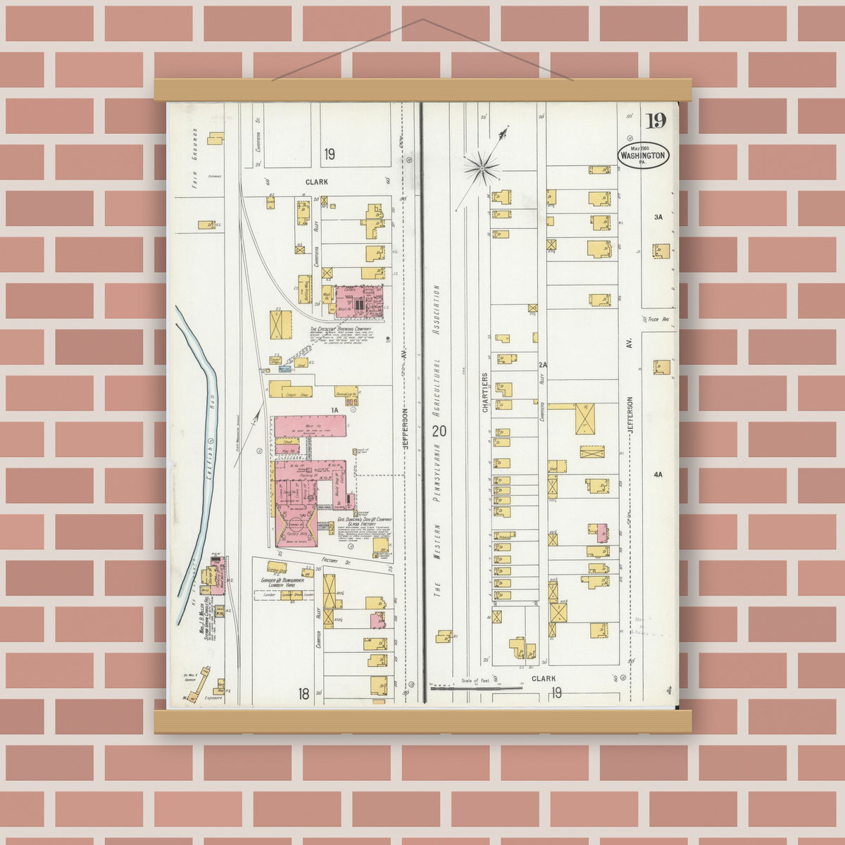 Old map wall art mockup — magnetic wood frame on brick wall — Sanborn Fire Insurance Map from Washington, Washington County, Pennsylvania (1900), Sheet #0019
