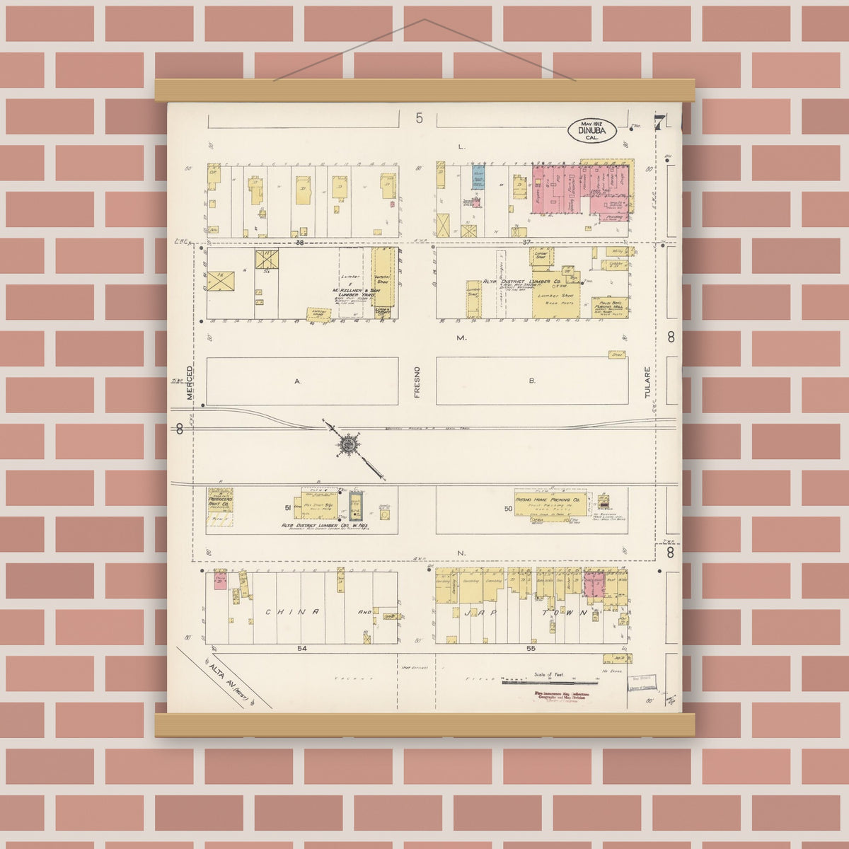 Old map wall art mockup — magnetic wood frame on brick wall — Sanborn Fire Insurance Map from Dinuba, Tulare County, California (1912), Sheet #0007