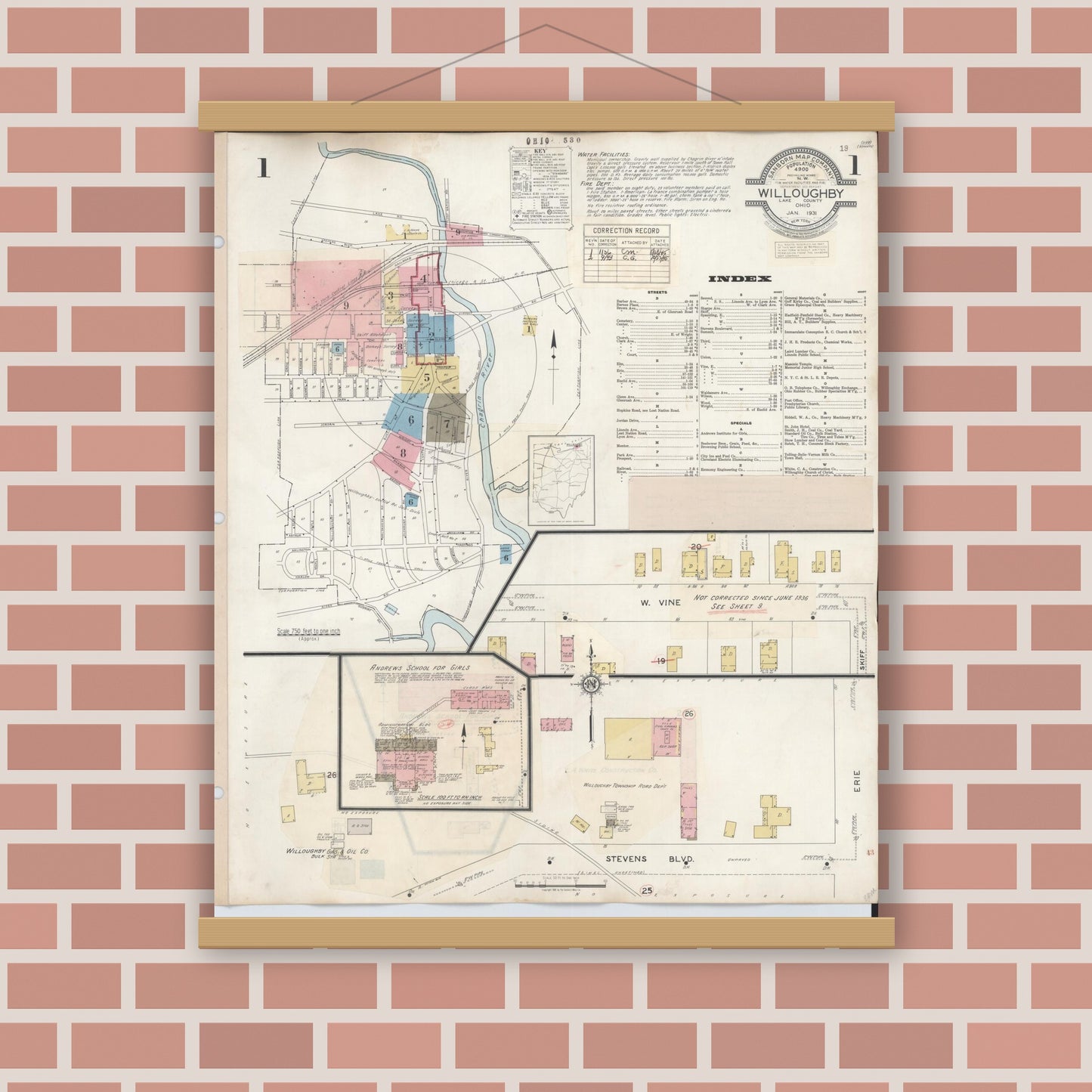 Old map wall art mockup — magnetic wood frame on brick wall — Sanborn Fire Insurance Map from Willoughby, Lake County, Ohio (1943), Sheet #0001