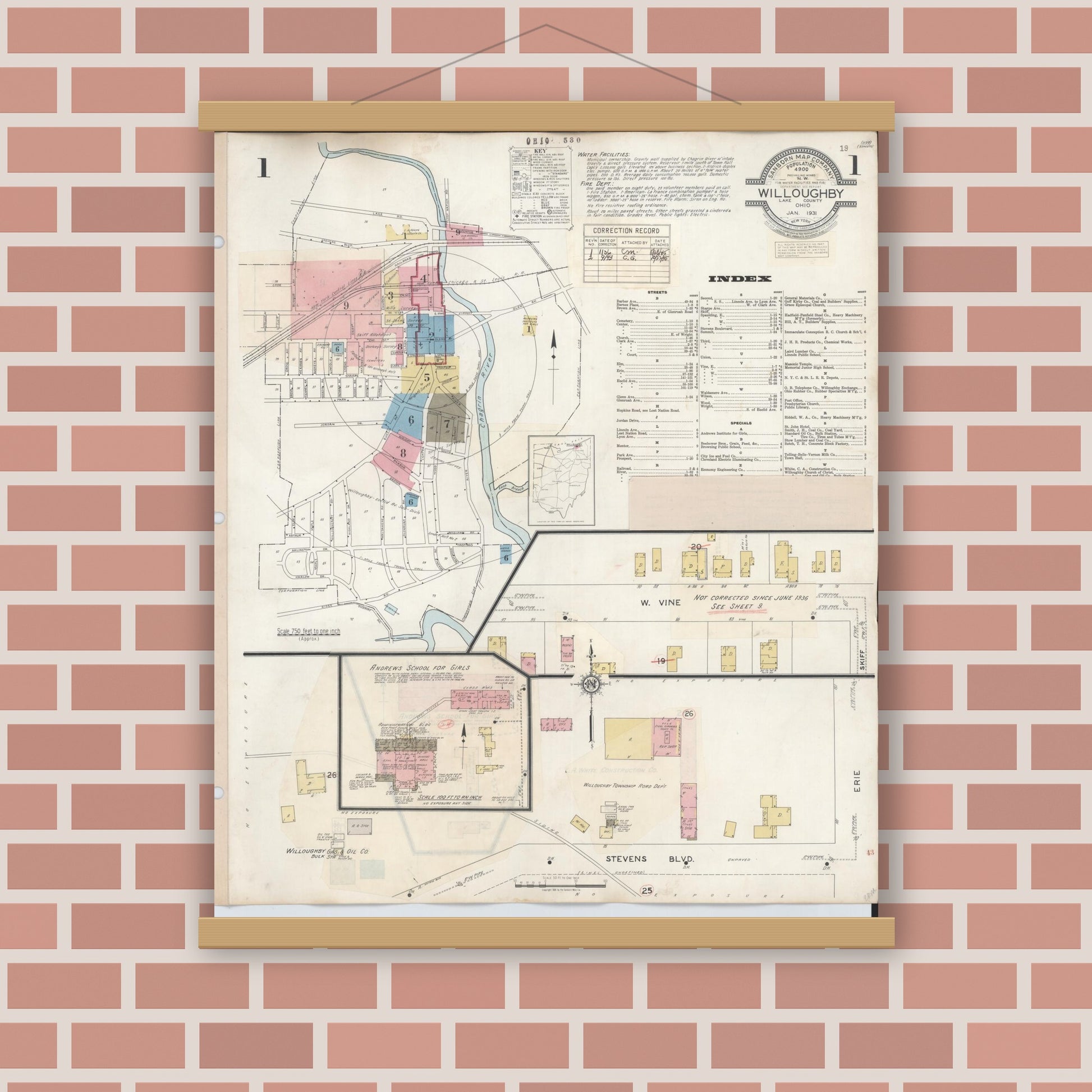 Old map wall art mockup — magnetic wood frame on brick wall — Sanborn Fire Insurance Map from Willoughby, Lake County, Ohio (1943), Sheet #0001