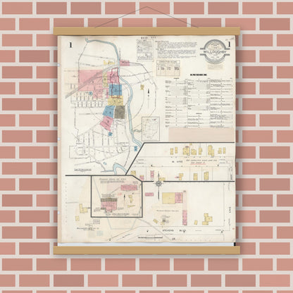 Old map wall art mockup — magnetic wood frame on brick wall — Sanborn Fire Insurance Map from Willoughby, Lake County, Ohio (1943), Sheet #0001