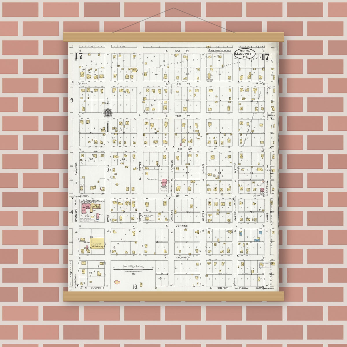 Old map wall art mockup — magnetic wood frame on brick wall — Sanborn Fire Insurance Map from Maryville, Nodaway County, Missouri (1925), Sheet #0017