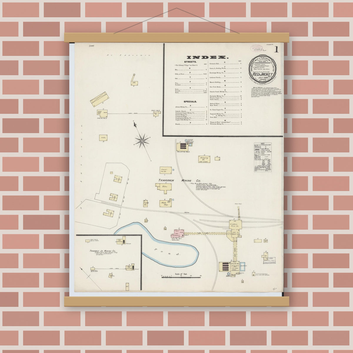 Old map wall art mockup — magnetic wood frame on brick wall — Sanborn Fire Insurance Map from Red Jacket, Houghton County, Michigan (1888), Sheet #0001
