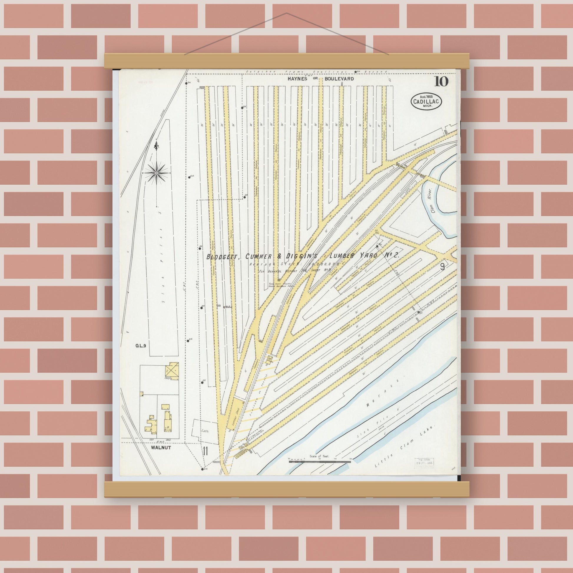 Old map wall art mockup — magnetic wood frame on brick wall — Sanborn Fire Insurance Map from Cadillac, Wexford County, Michigan (1900), Sheet #0010