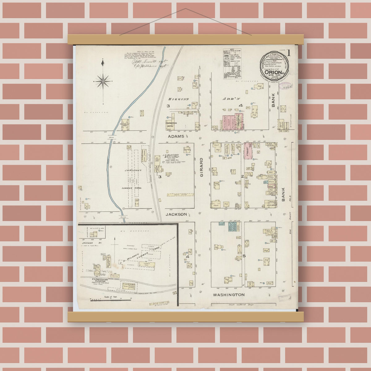 Old map wall art mockup — magnetic wood frame on brick wall — Sanborn Fire Insurance Map from Orion, Henry County, Illinois (1886) - Complete Map Set