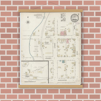 Old map wall art mockup — magnetic wood frame on brick wall — Sanborn Fire Insurance Map from Orion, Henry County, Illinois (1886) - Complete Map Set