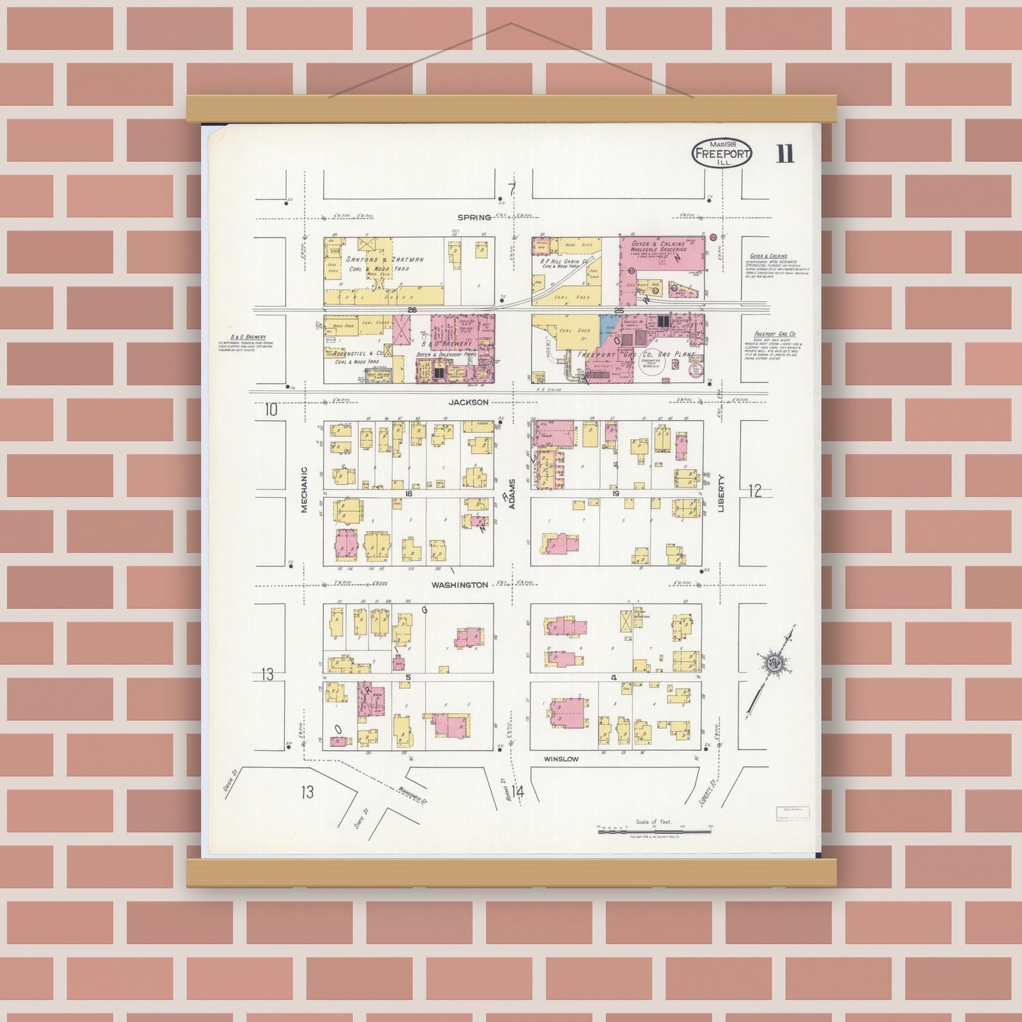 Old map wall art mockup — magnetic wood frame on brick wall — Sanborn Fire Insurance Map from Freeport, Stephenson County, Illinois (1918), Sheet #0011