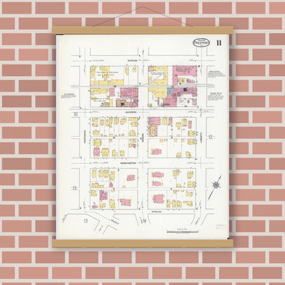 Old map wall art mockup — magnetic wood frame on brick wall — Sanborn Fire Insurance Map from Freeport, Stephenson County, Illinois (1918), Sheet #0011