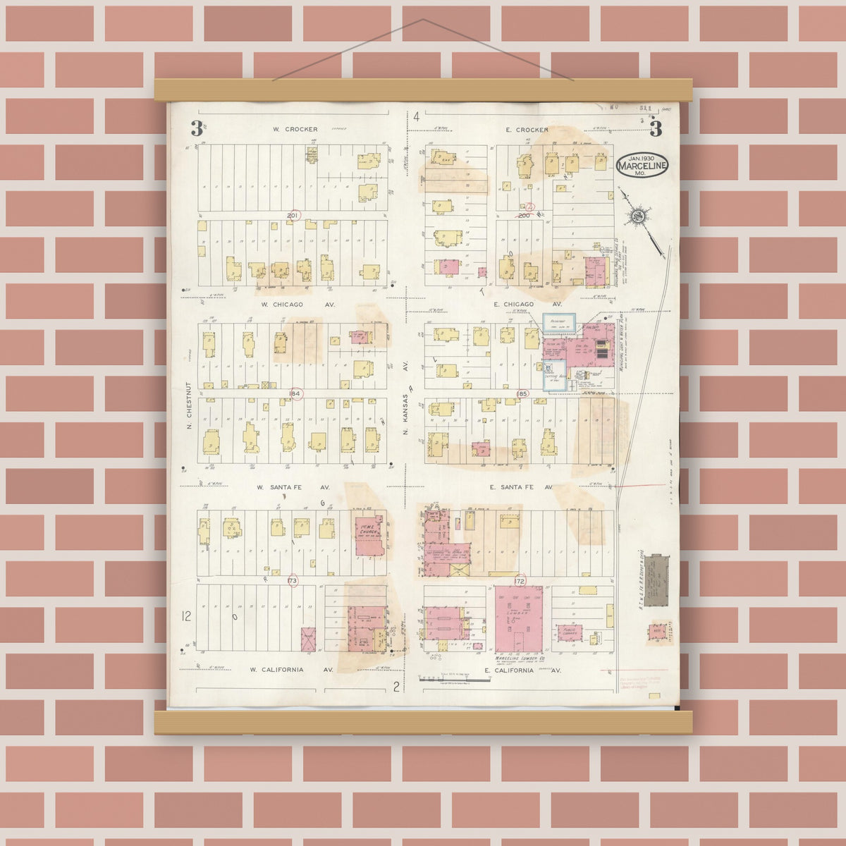 Old map wall art mockup — magnetic wood frame on brick wall — Sanborn Fire Insurance Map from Marceline, Linn County, Missouri (1939), Sheet #0003