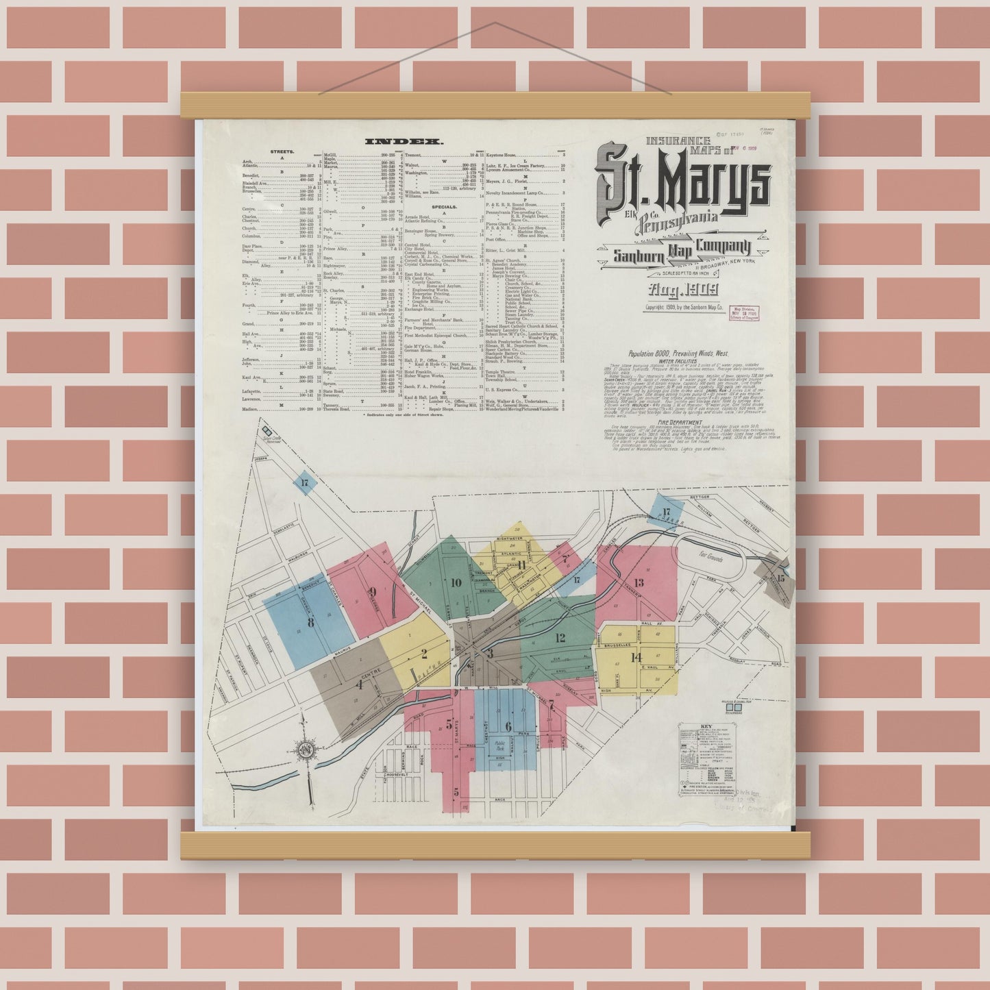 Old map wall art mockup — magnetic wood frame on brick wall — Sanborn Fire Insurance Map from Saint Marys, Elk County, Pennsylvania (1909), Sheet #0001
