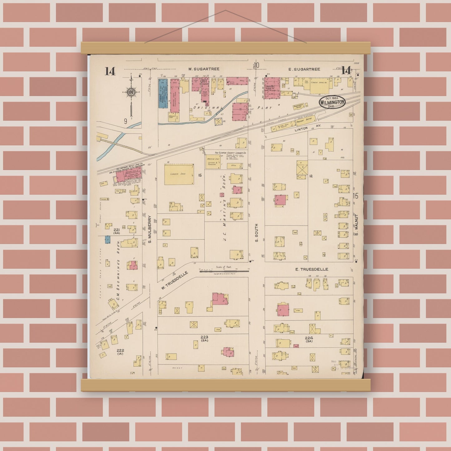 Old map wall art mockup — magnetic wood frame on brick wall — Sanborn Fire Insurance Map from Wilmington, Clinton County, Ohio (1922), Sheet #0014