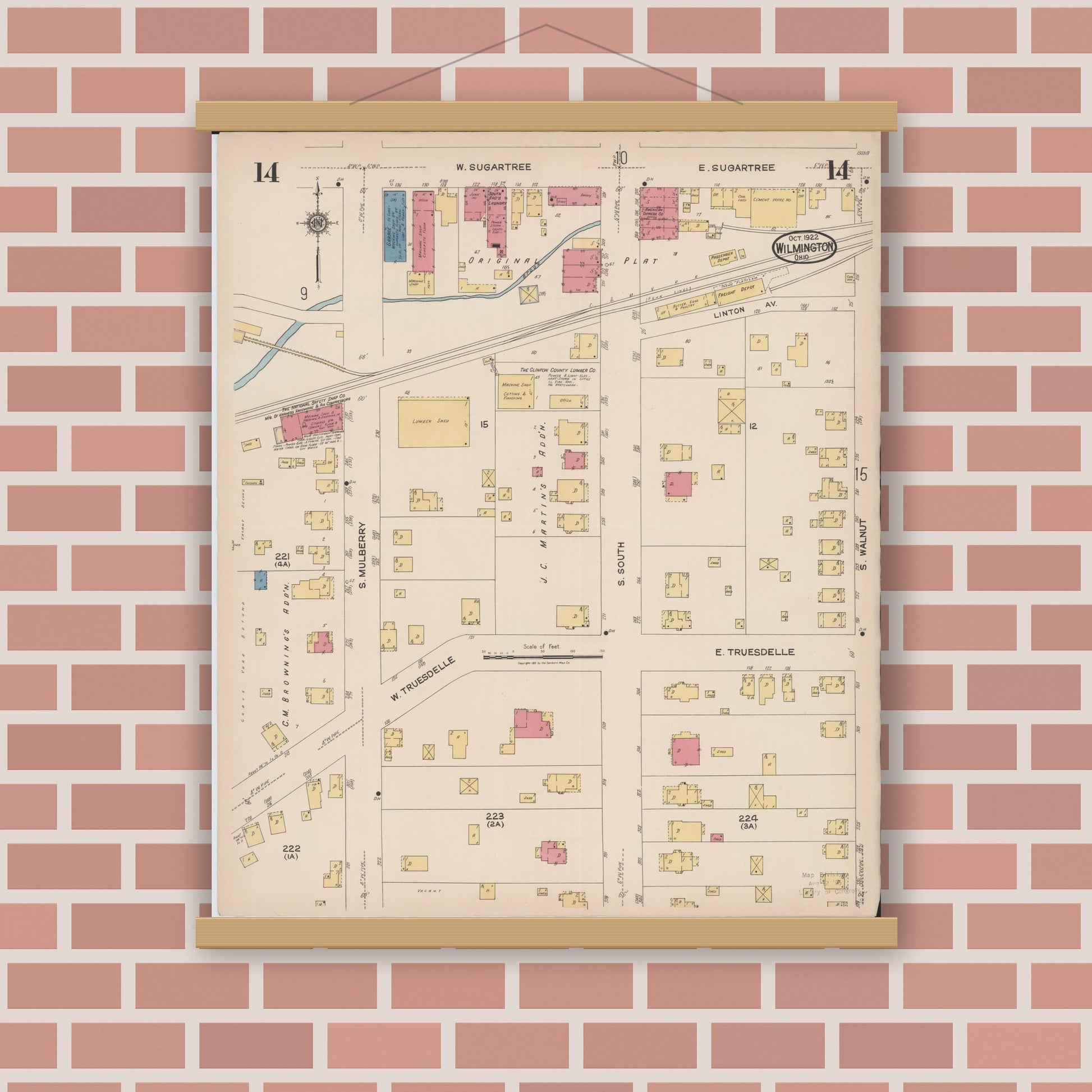 Old map wall art mockup — magnetic wood frame on brick wall — Sanborn Fire Insurance Map from Wilmington, Clinton County, Ohio (1922), Sheet #0014