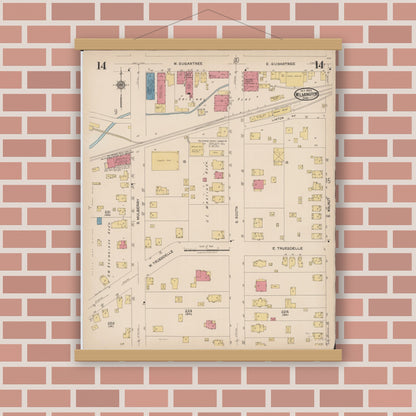 Old map wall art mockup — magnetic wood frame on brick wall — Sanborn Fire Insurance Map from Wilmington, Clinton County, Ohio (1922), Sheet #0014
