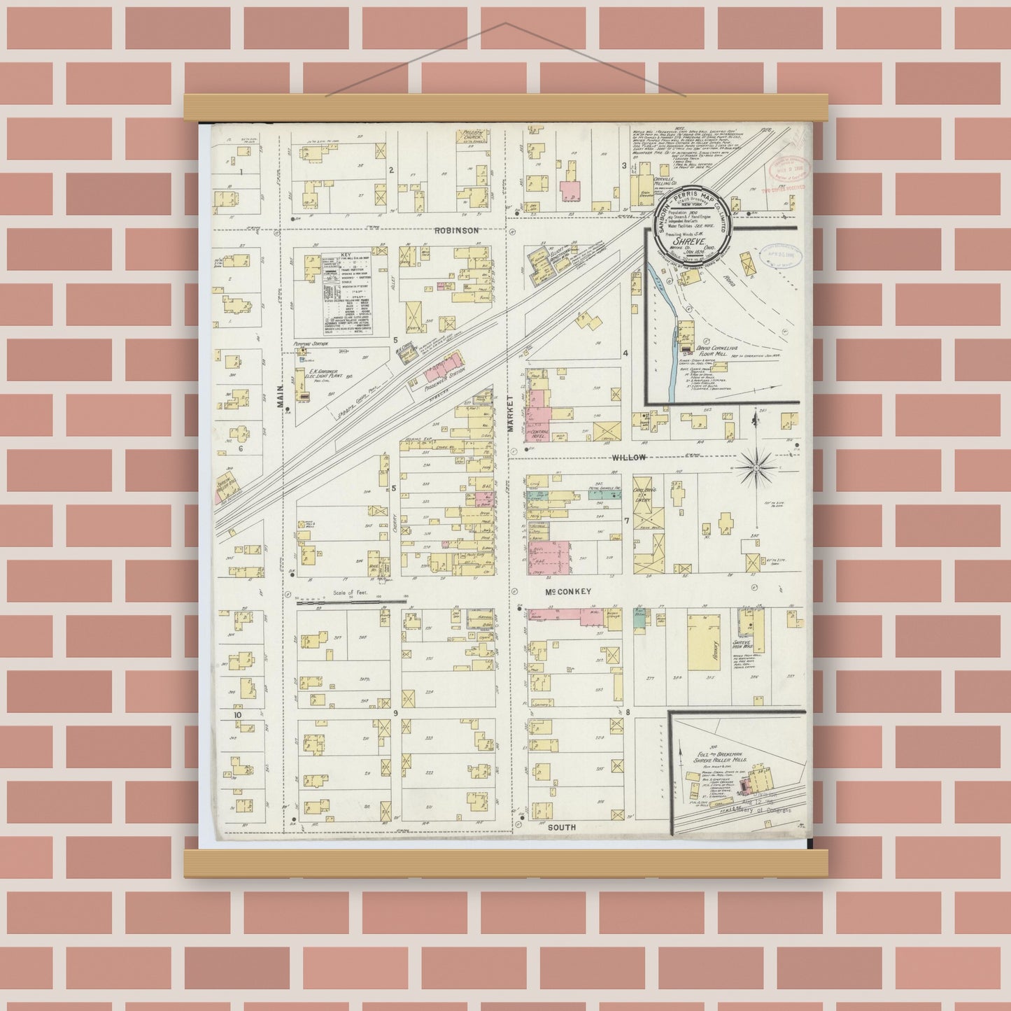 Old map wall art mockup — magnetic wood frame on brick wall — Sanborn Fire Insurance Map from Shreve, Wayne County, Ohio (1898), Sheet #0001