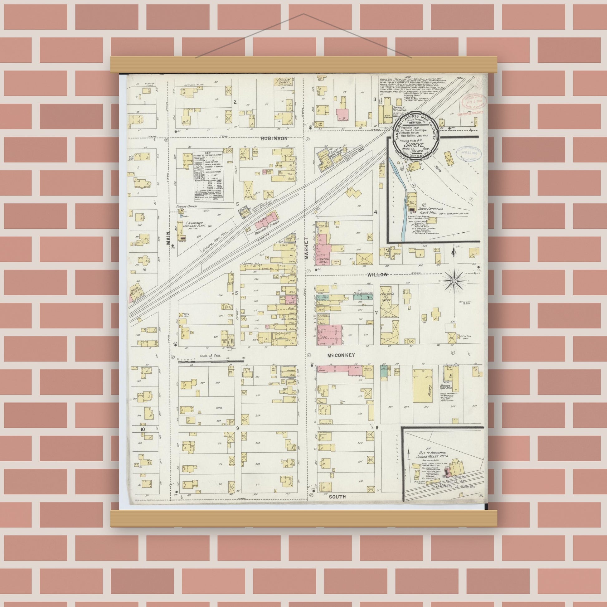 Old map wall art mockup — magnetic wood frame on brick wall — Sanborn Fire Insurance Map from Shreve, Wayne County, Ohio (1898), Sheet #0001