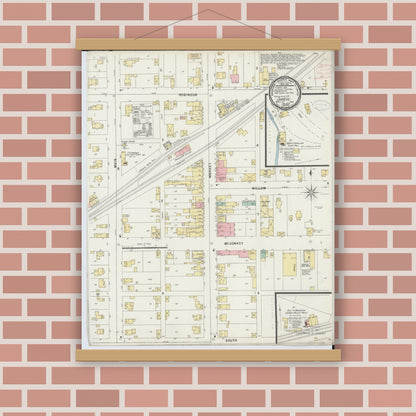 Old map wall art mockup — magnetic wood frame on brick wall — Sanborn Fire Insurance Map from Shreve, Wayne County, Ohio (1898), Sheet #0001