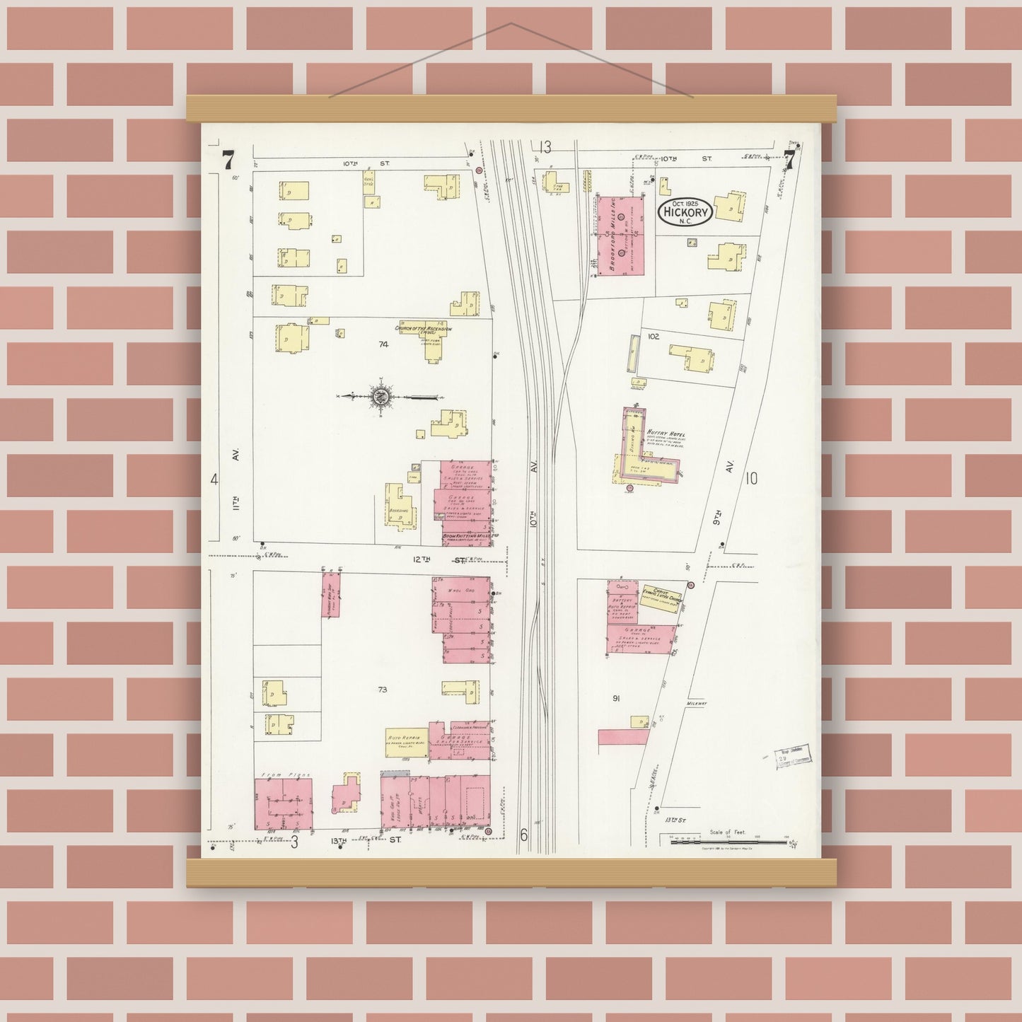 Old map wall art mockup — magnetic wood frame on brick wall — Sanborn Fire Insurance Map from Hickory, Catawba County, North Carolina (1925), Sheet #0007