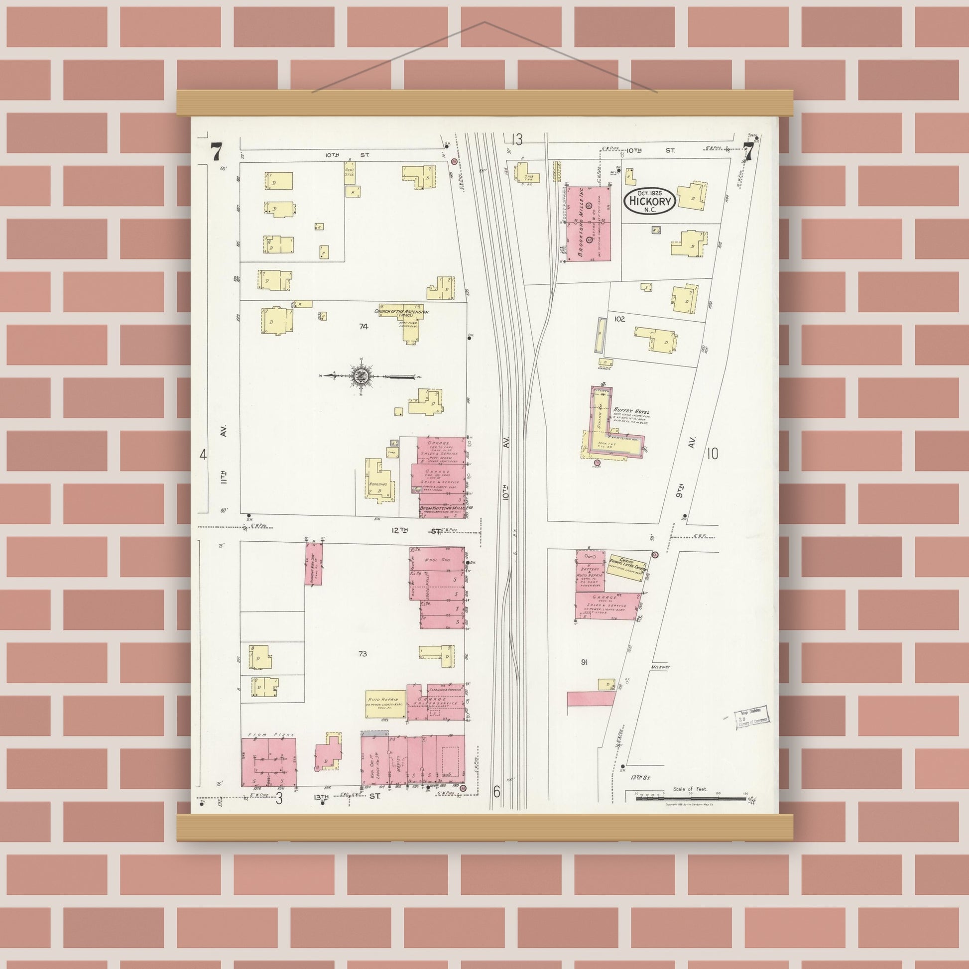 Old map wall art mockup — magnetic wood frame on brick wall — Sanborn Fire Insurance Map from Hickory, Catawba County, North Carolina (1925), Sheet #0007