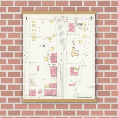 Old map wall art mockup — magnetic wood frame on brick wall — Sanborn Fire Insurance Map from Hickory, Catawba County, North Carolina (1925), Sheet #0007