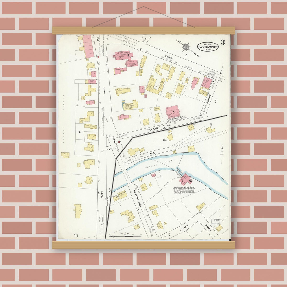 Old map wall art mockup — magnetic wood frame on brick wall — Sanborn Fire Insurance Map from East Hampton, Hampshire County, Massachusetts (1916), Sheet #0003