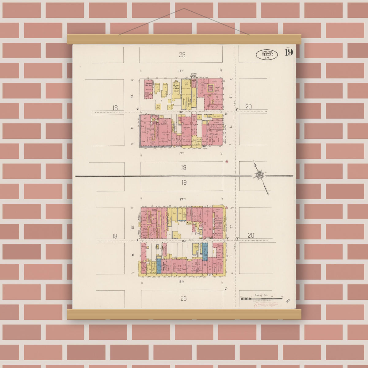 Old map wall art mockup — magnetic wood frame on brick wall — Sanborn Fire Insurance Map from Merced, Merced County, California (1922), Sheet #0019