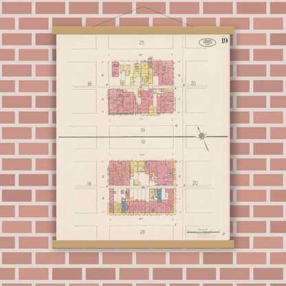 Old map wall art mockup — magnetic wood frame on brick wall — Sanborn Fire Insurance Map from Merced, Merced County, California (1922), Sheet #0019