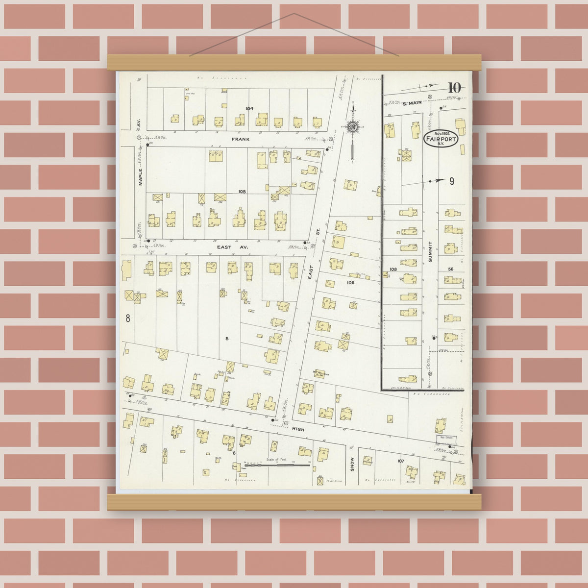 Old map wall art mockup — magnetic wood frame on brick wall — Sanborn Fire Insurance Map from Fairport, Monroe County, New York (1909), Sheet #0010