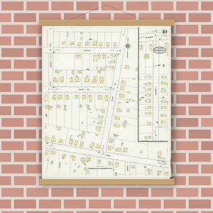 Old map wall art mockup — magnetic wood frame on brick wall — Sanborn Fire Insurance Map from Fairport, Monroe County, New York (1909), Sheet #0010